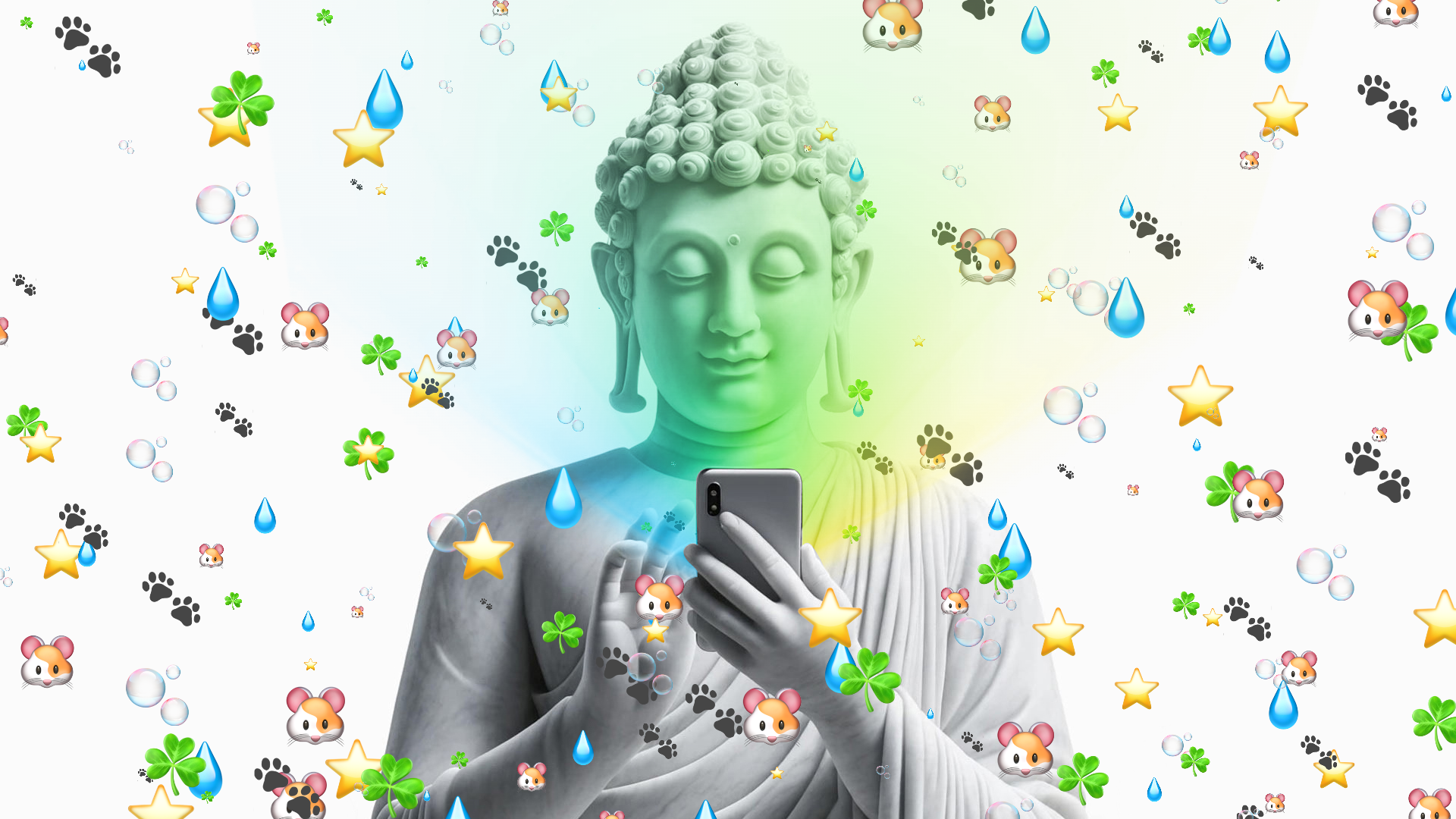 Landscape image with a white background. In the middle sits the Buddha holding and using a smartphone. The smartphone emits a blue and green glow that shines on the Buddha's face. Surrounding the Buddha are an overflow of emoji, such as a star, bubbles, a dog paw, water drops, a hamster, and lucky clovers. The image emphasizes the contrast between inner balance and rest versus the overstimulation of technology.